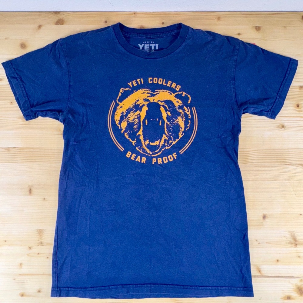 Yeti Coolers Bear Proof Graphic‎ T Shirt Mens Medium Blue Orange Cotton